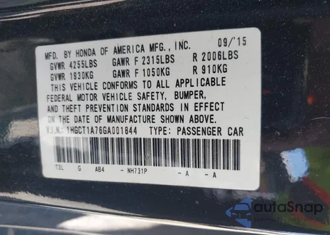 2016 Honda Accord Ex из США, поврежденный, VIN 1HGCT1A76GA001844